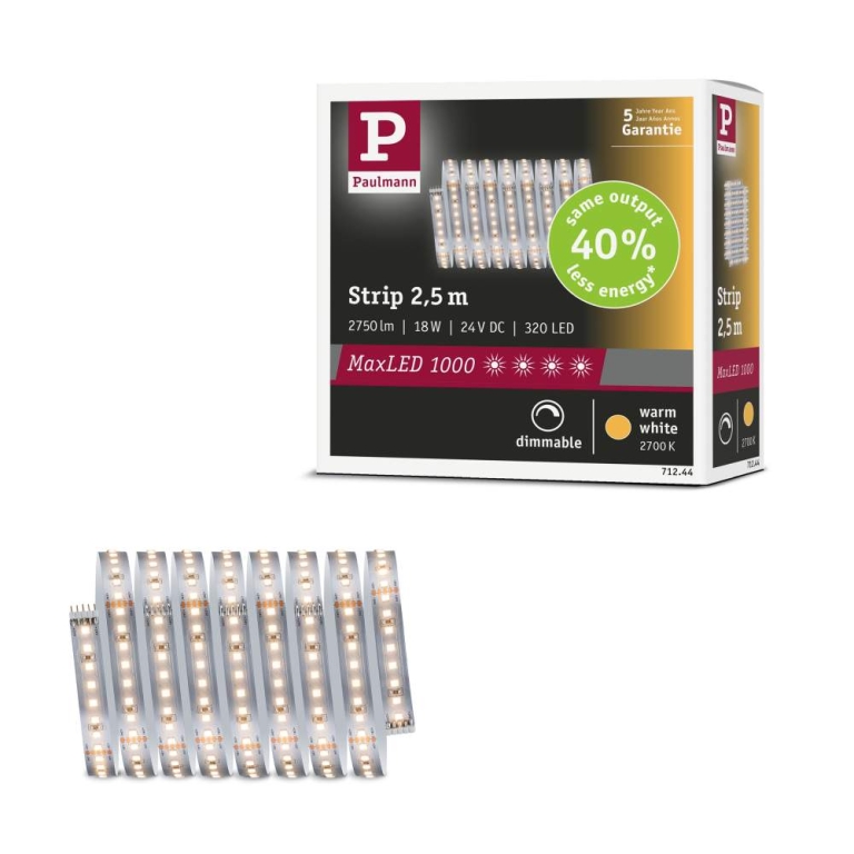 Paulmann MaxLED 1000 LED Strip Warmweiß Einzelstrip  2,5m   18W 1100lm/m 128 LEDs/m 2700K
