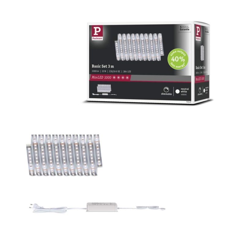 Paulmann MaxLED 1000 LED Strip Neutralweiß Basisset  3m   22W 1100lm/m 128 LEDs/m 4000K 40VA