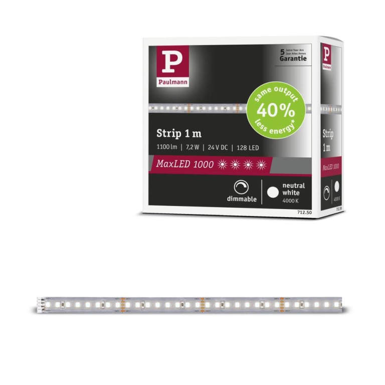 Paulmann MaxLED 1000 LED Strip Neutralweiß Einzelstrip  1m   7,2W 1100lm/m 128 LEDs/m 4000K
