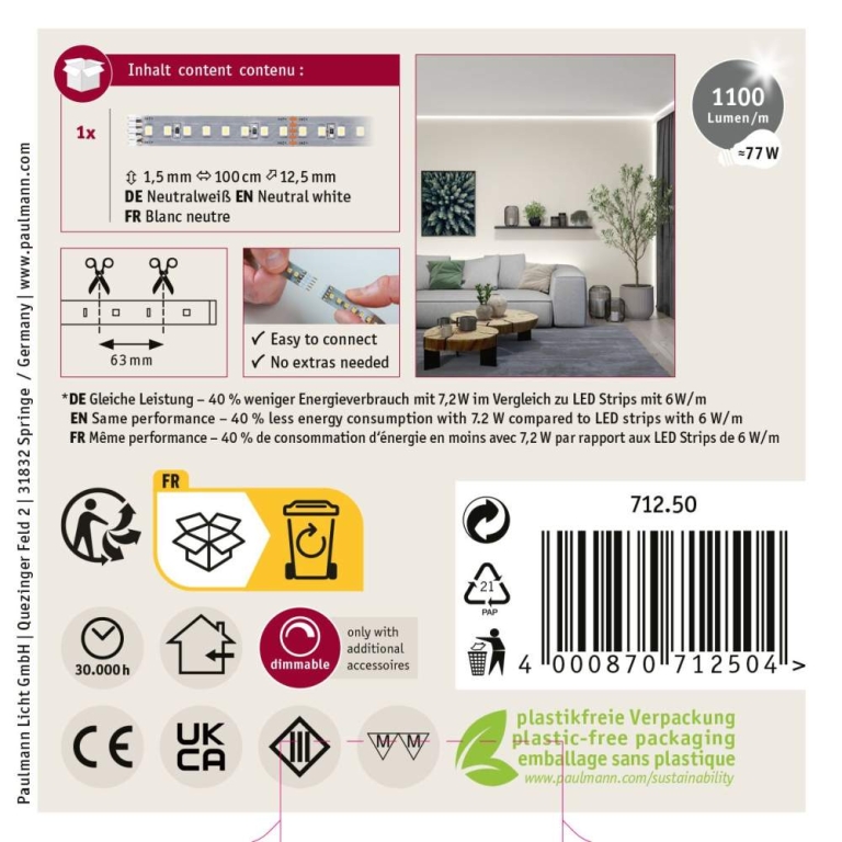 Paulmann MaxLED 1000 LED Strip Neutralweiß Einzelstrip  1m   7,2W 1100lm/m 128 LEDs/m 4000K