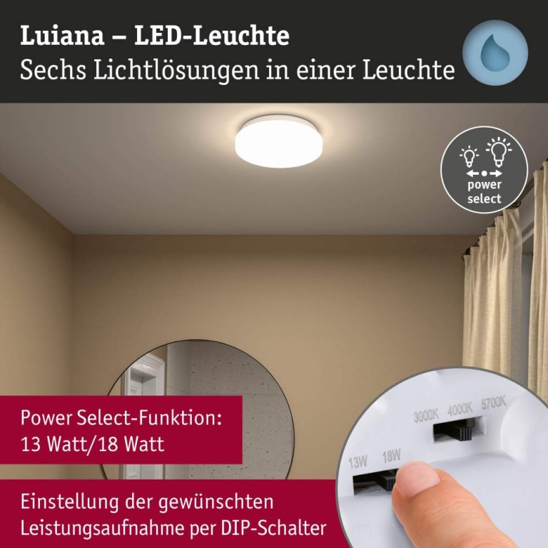 Paulmann LED Deckenleuchte Luiana   IP44  3000 - 5700K 1750lm 230V 16,5W  Weiß