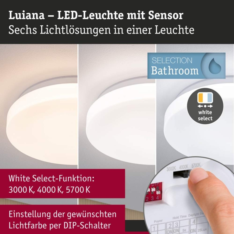 Paulmann LED Deckenleuchte Luiana Dämmerungsgesteuerter Bewegungsmelder (HF)  IP44  3000 - 5700K 1750lm 230V 16,5W  Weiß