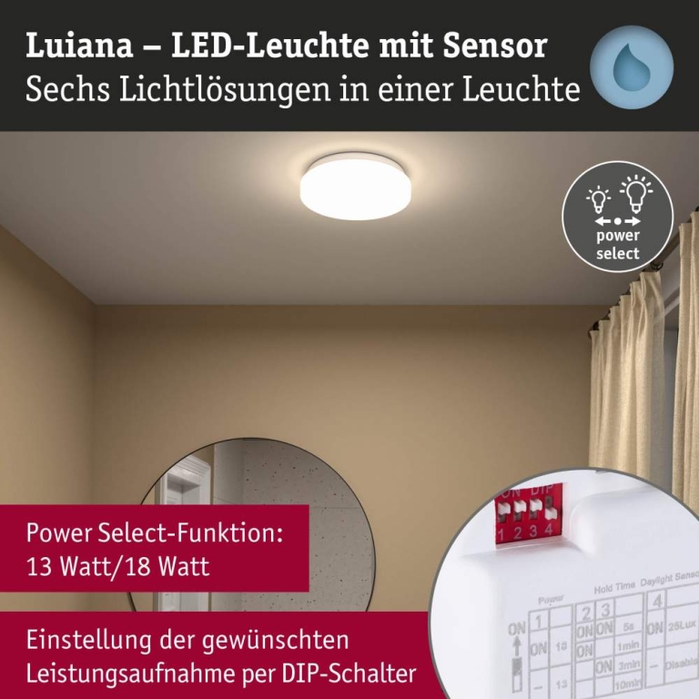 Paulmann LED Deckenleuchte Luiana Dämmerungsgesteuerter Bewegungsmelder (HF)  IP44  3000 - 5700K 1750lm 230V 16,5W  Weiß