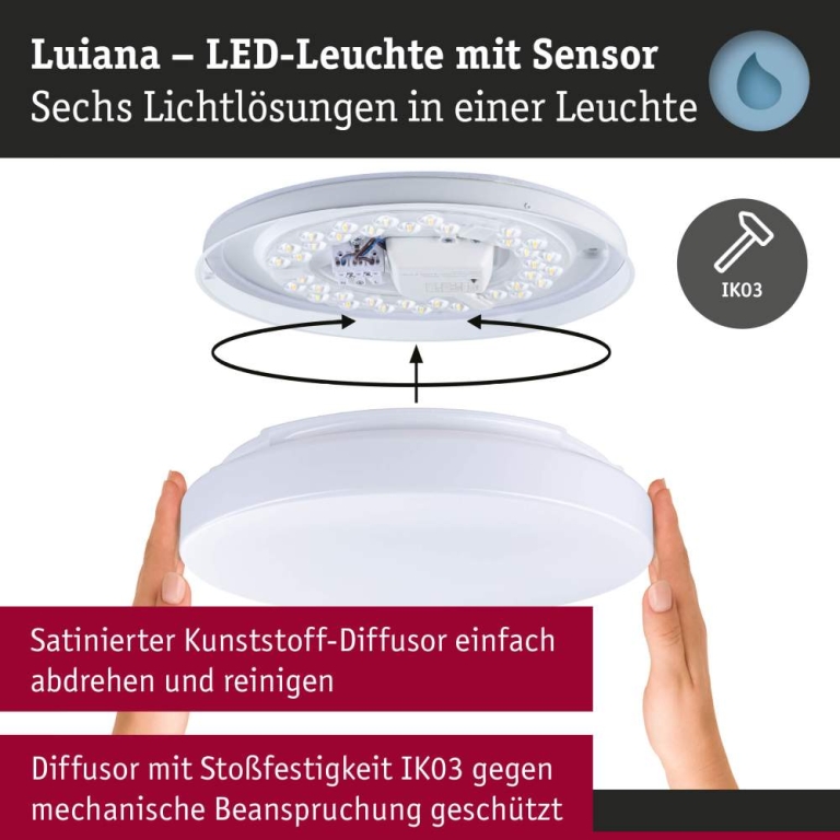 Paulmann LED Deckenleuchte Luiana Dämmerungsgesteuerter Bewegungsmelder (HF)  IP44  3000 - 5700K 1750lm 230V 16,5W  Weiß