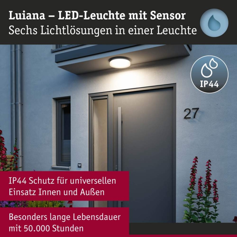 Paulmann LED Deckenleuchte Luiana Dämmerungsgesteuerter Bewegungsmelder (HF)  IP44  3000 - 5700K 1750lm 230V 16,5W  Weiß