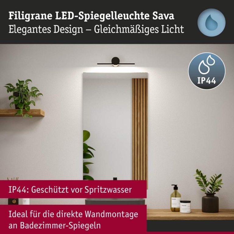 Paulmann LED Spiegelleuchte Sava  IP44  3000K 250lm 230V 4,2W  Schwarz matt
