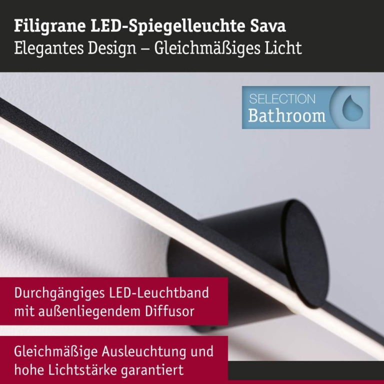 Paulmann LED Spiegelleuchte Sava  IP44  3000K 850lm 230V 13,5W  Schwarz matt