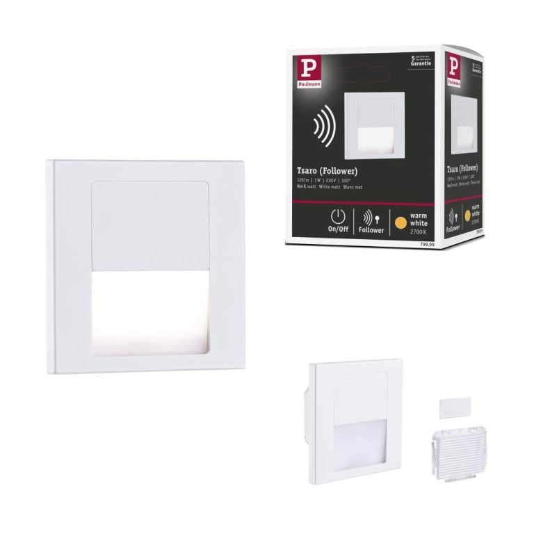 Paulmann LED Wandeinbauleuchte Tsaro Weiß matt (Follower) Orientierungslicht 1W 80lm 2700K 230V