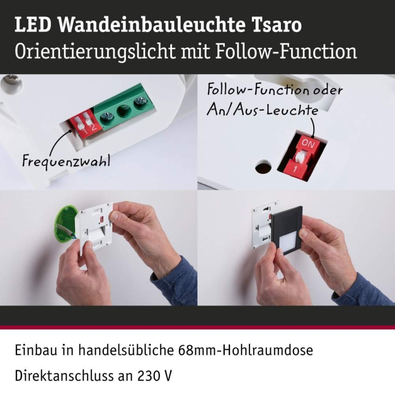 Paulmann LED Wandeinbauleuchte Tsaro Schwarz matt (Follower) Orientierungslicht 1W 80lm 2700K 230V