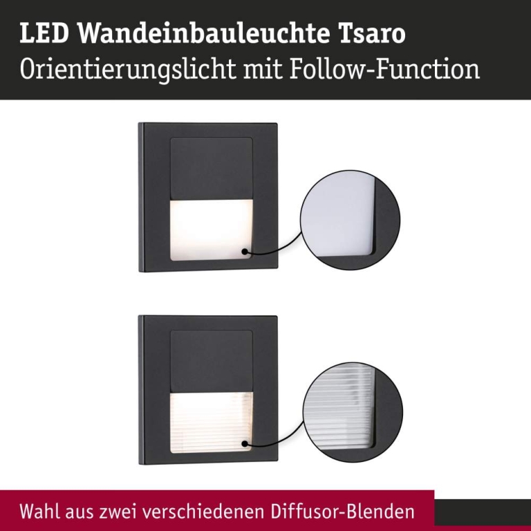 Paulmann LED Wandeinbauleuchte Tsaro Schwarz matt (Follower) Orientierungslicht 1W 80lm 2700K 230V