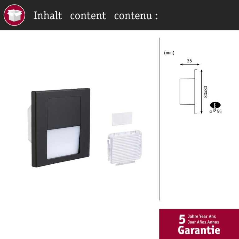 Paulmann LED Wandeinbauleuchte Tsaro Schwarz matt (Follower) Orientierungslicht 1W 80lm 2700K 230V