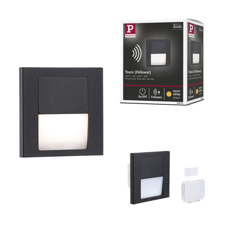 Paulmann LED Wandeinbauleuchte Tsaro Schwarz matt (Follower) Orientierungslicht 1W 80lm 2700K 230V