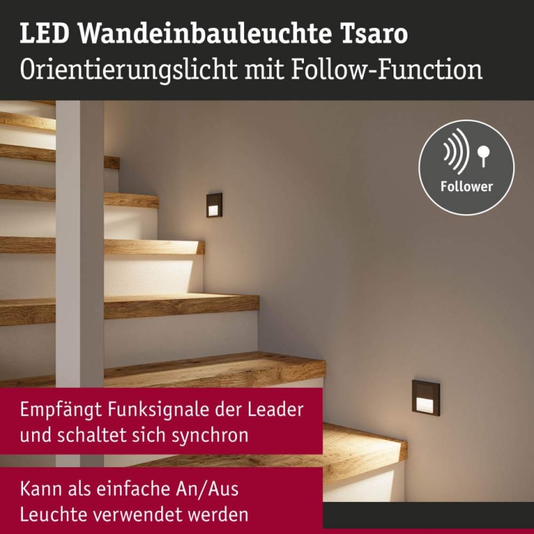 Paulmann LED Wandeinbauleuchte Tsaro Schwarz matt (Follower) Orientierungslicht 1W 80lm 2700K 230V