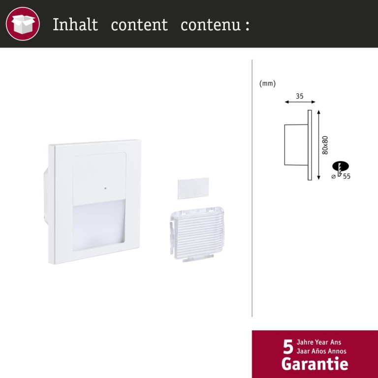 Paulmann LED Wandeinbauleuchte Tsaro Weiß matt (Leader) Orientierungslicht 1W 80lm 2700K 230V