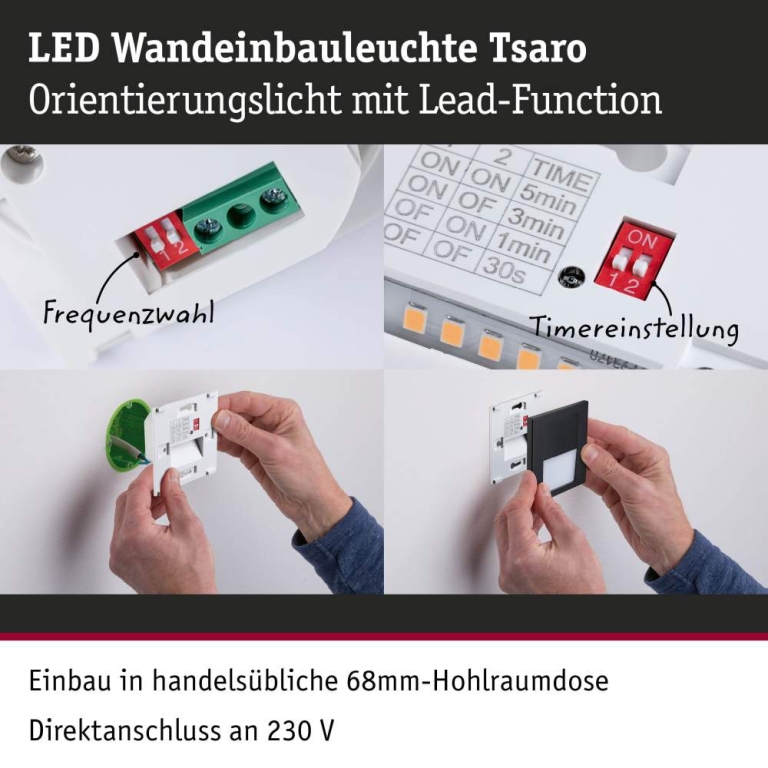 Paulmann LED Wandeinbauleuchte Tsaro Schwarz matt (Leader) Orientierungslicht 1W 80lm 2700K 230V