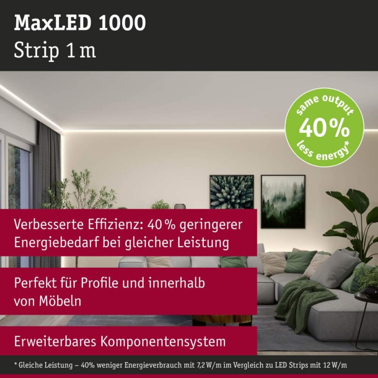 Paulmann MaxLED 1000 LED Strip Warmweiß Einzelstrip  1m   7,2W 1100lm/m 128 LEDs/m 2700K