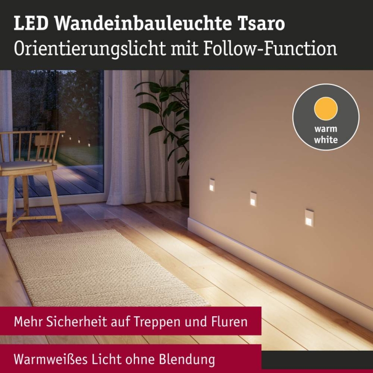 Paulmann LED Wandeinbauleuchte Tsaro Chrom matt (Follower) Orientierungslicht 1W 80lm 2700K 230V