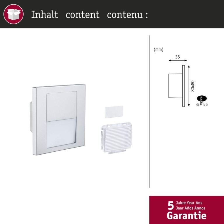 Paulmann LED Wandeinbauleuchte Tsaro Chrom matt (Follower) Orientierungslicht 1W 80lm 2700K 230V