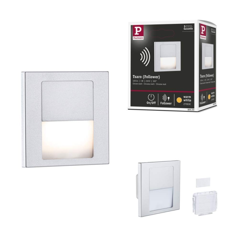 Paulmann LED Wandeinbauleuchte Tsaro Chrom matt (Follower) Orientierungslicht 1W 80lm 2700K 230V