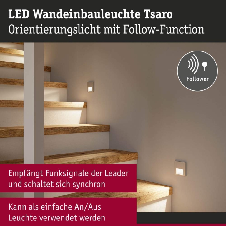 Paulmann LED Wandeinbauleuchte Tsaro Chrom matt (Follower) Orientierungslicht 1W 80lm 2700K 230V