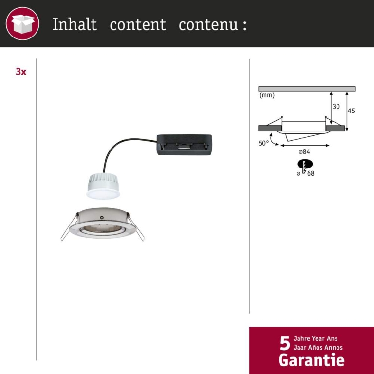 Paulmann LED Einbauleuchte Nova Coin    rund 84mm 50° Tunable White 3x6W 3x530lm 230V Eisen gebürstet Aluminium