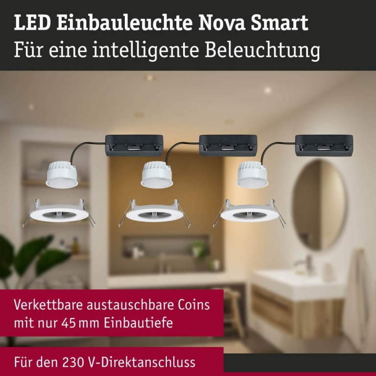 Paulmann LED Einbauleuchte Nova Coin   IP44 rund 78mm  Tunable White 3x6W 3x530lm 230V Weiß matt Aluminium