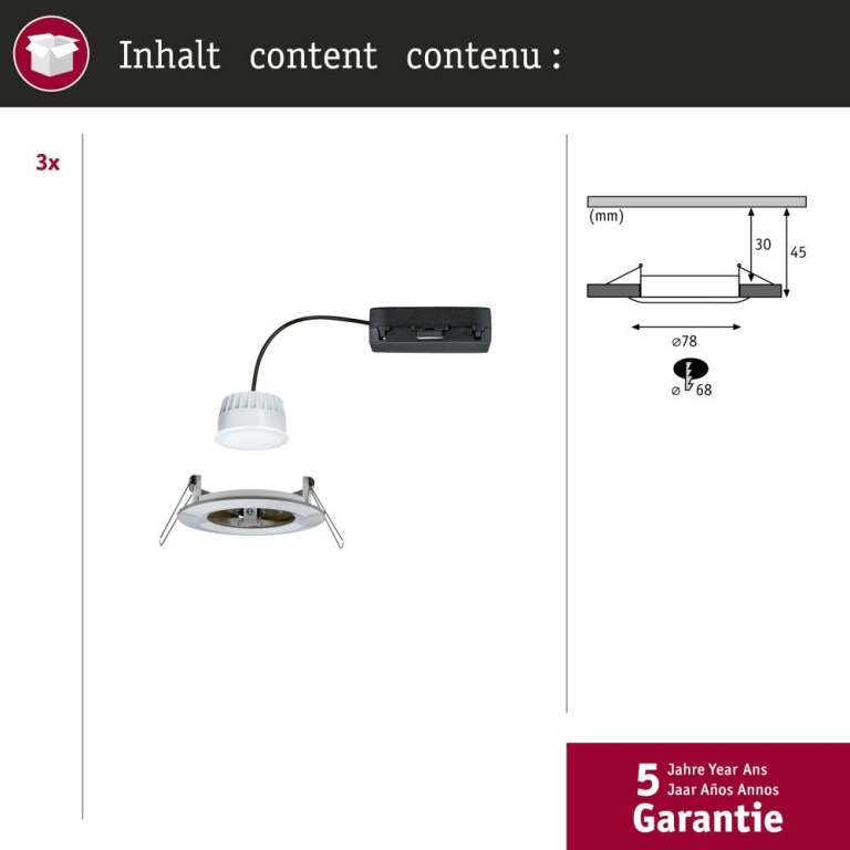 Paulmann LED Einbauleuchte Nova Coin   IP44 rund 78mm  Tunable White 3x6W 3x530lm 230V Eisen gebürstet Aluminium