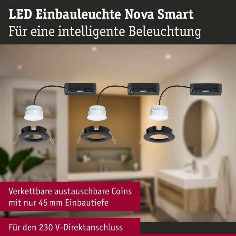 Paulmann LED Einbauleuchte Nova Coin   IP44 rund 78mm  Tunable White 3x6W 3x530lm 230V Schwarz matt Aluminium