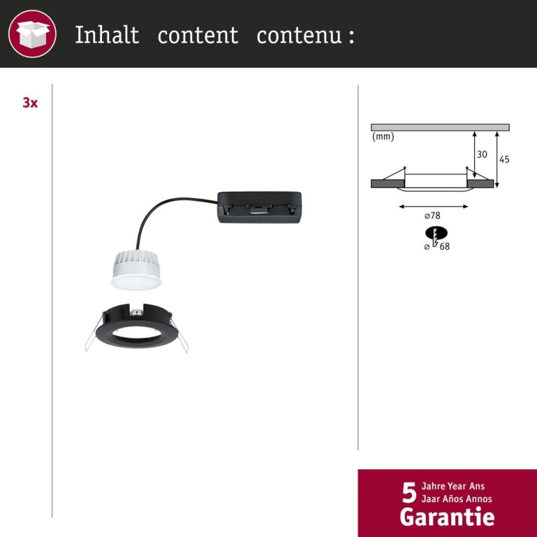 Paulmann LED Einbauleuchte Nova Coin   IP44 rund 78mm  Tunable White 3x6W 3x530lm 230V Schwarz matt Aluminium