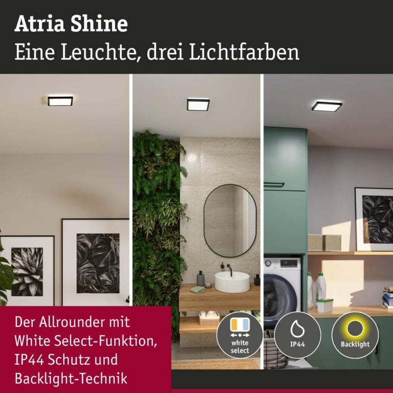 Paulmann LED Panel Atria Shine  IP44 eckig 190x190mm  8W 1160lm 3000 - 6500K Schwarz