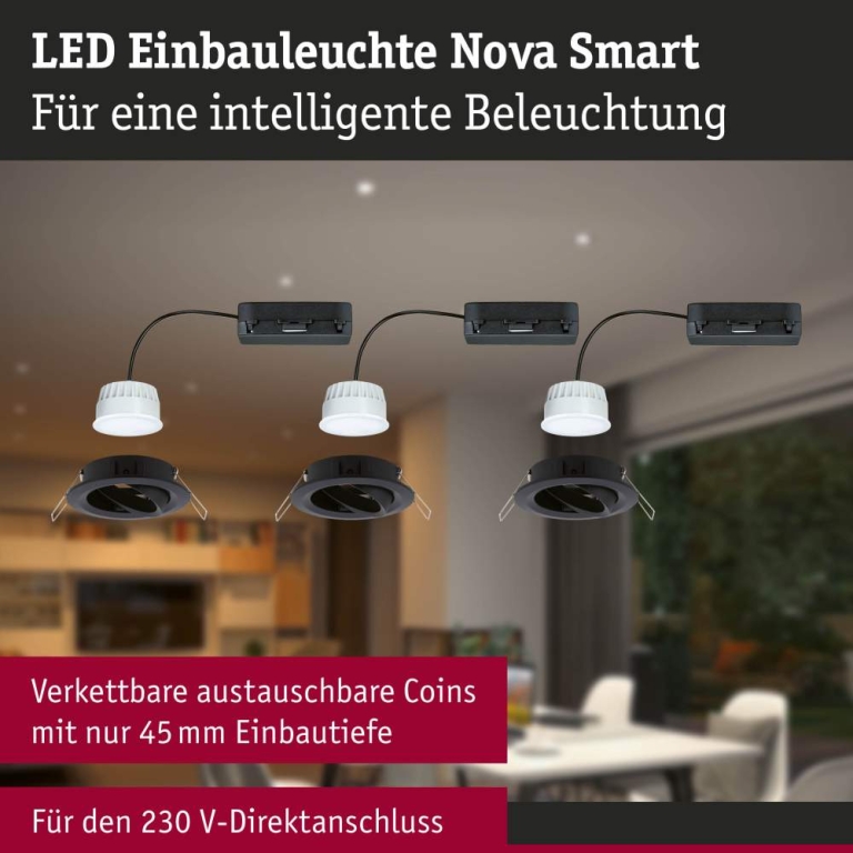 Paulmann LED Einbauleuchte Nova Coin    rund 84mm 50° RGBW+ 3x6W 3x500lm 230V Schwarz matt Alu Druckguss