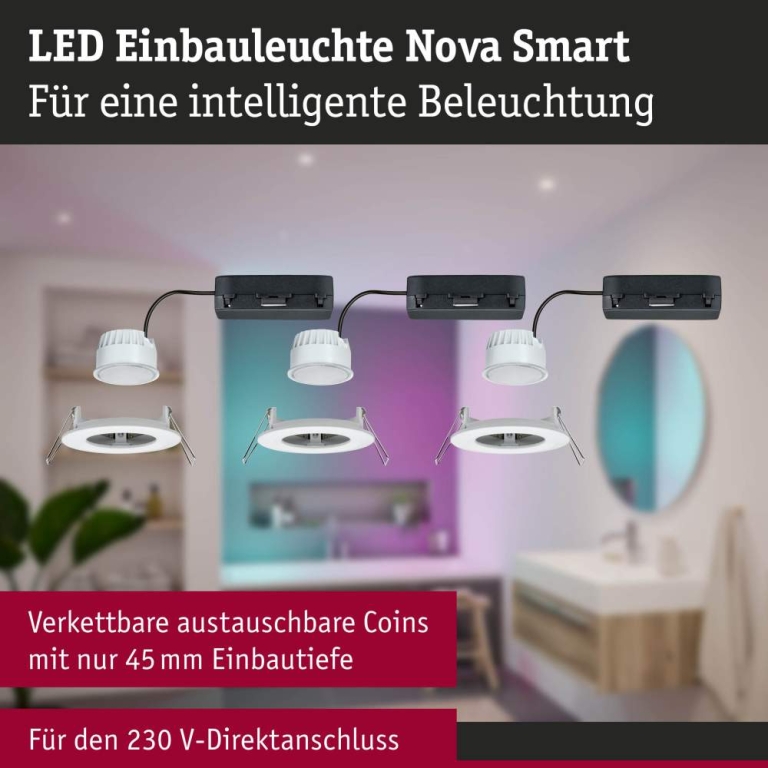 Paulmann LED Einbauleuchte Nova Coin   IP44 rund 78mm  RGBW+ 3x6W 3x500lm 230V Weiß matt Alu Druckguss