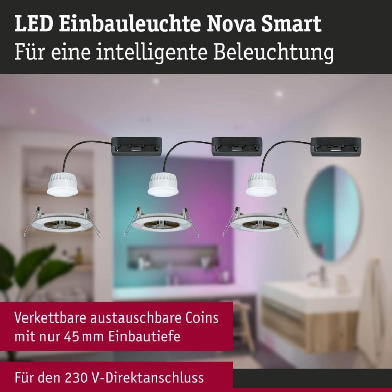 Paulmann LED Einbauleuchte Nova Coin   IP44 rund 78mm  RGBW+ 3x6W 3x500lm 230V Eisen gebürstet Alu Druckguss