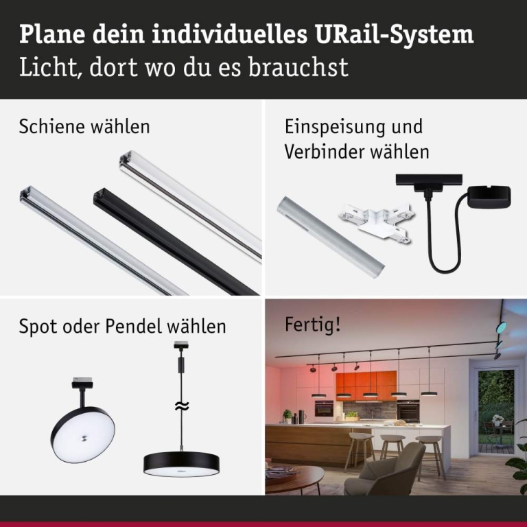 Paulmann URail Pendel Smart Home Zigbee 3.0 Hildor RGBW  510lm 10W RGBW+ dimmbar 230V Schwarz matt
