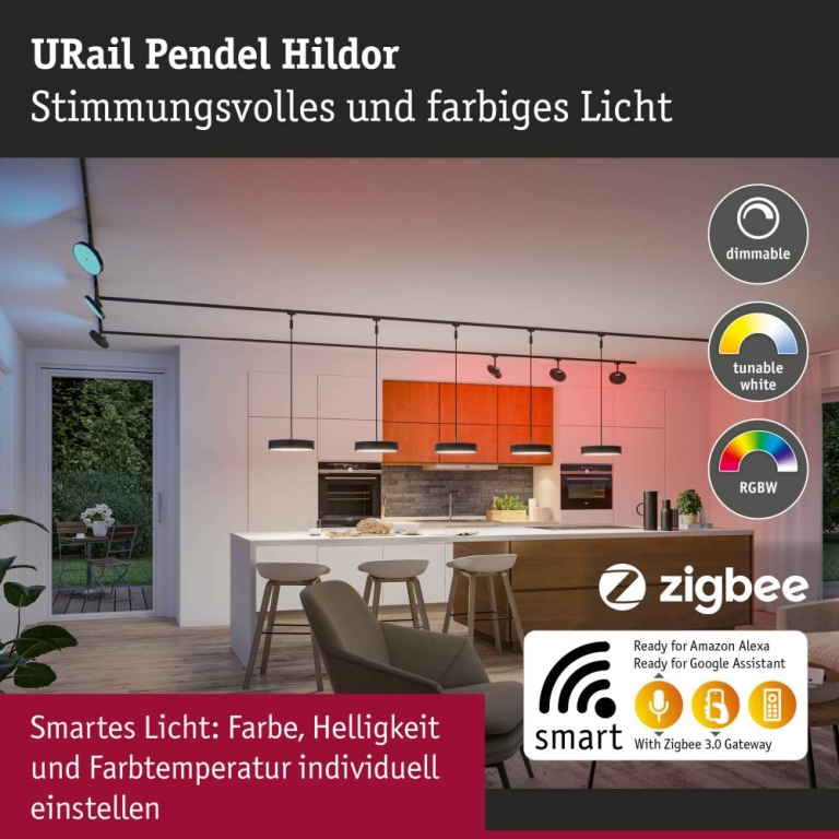 Paulmann URail Pendel Smart Home Zigbee 3.0 Hildor RGBW  510lm 10W RGBW+ dimmbar 230V Schwarz matt