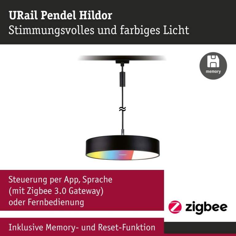 Paulmann URail Pendel Smart Home Zigbee 3.0 Hildor RGBW  510lm 10W RGBW+ dimmbar 230V Schwarz matt