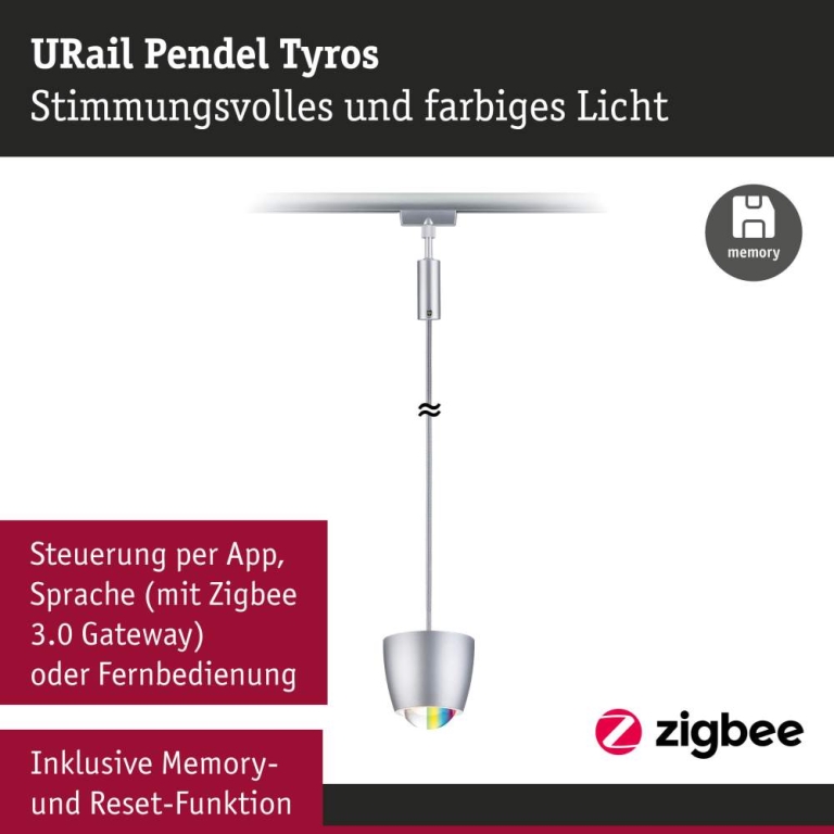 Paulmann URail Pendel Smart Home Zigbee 3.0 Tyros RGBW  200lm 4,5W RGBW+ dimmbar 230V Chrom matt