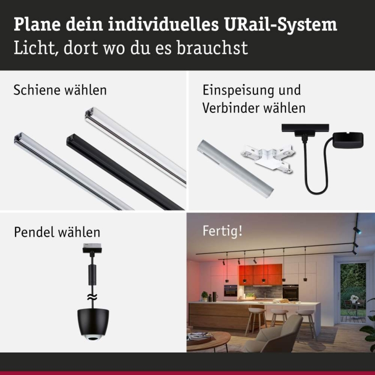 Paulmann URail Pendel Smart Home Zigbee 3.0 Tyros RGBW  200lm 4,5W RGBW+ dimmbar 230V Schwarz matt