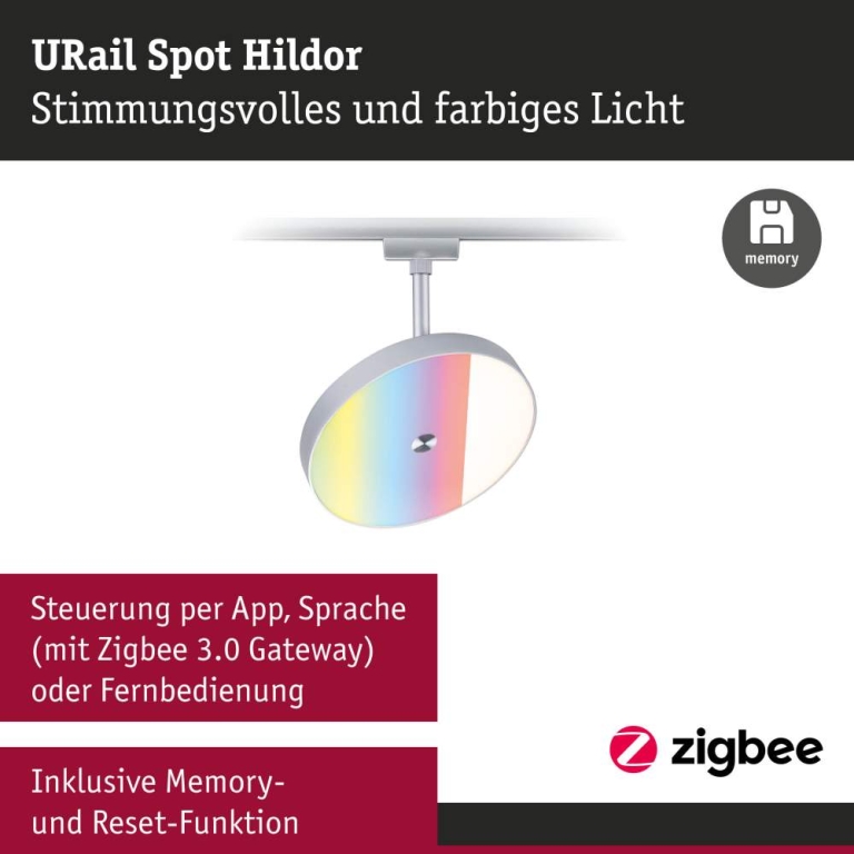 Paulmann URail Schienenspot Smart Home Zigbee 3.0 Hildor RGBW  500lm 7,5W RGBW+ dimmbar 230V Chrom matt