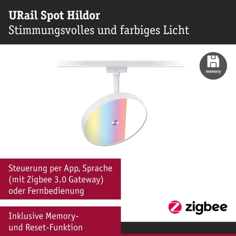 Paulmann URail Schienenspot Smart Home Zigbee 3.0 Hildor RGBW  500lm 7,5W RGBW+ dimmbar 230V Signalweiß