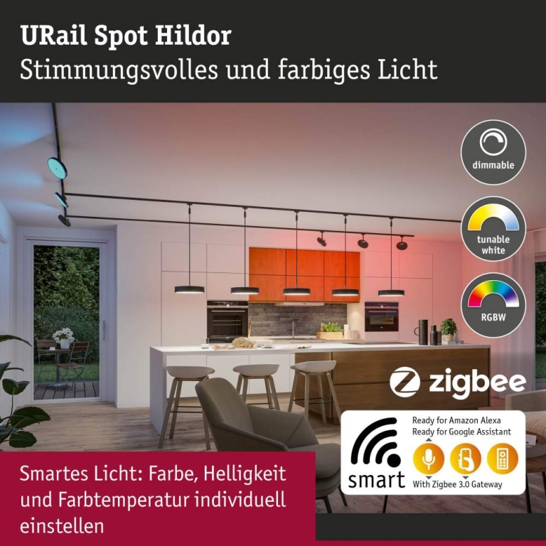 Paulmann URail Schienenspot Smart Home Zigbee 3.0 Hildor RGBW  500lm 7,5W RGBW+ dimmbar 230V Schwarz matt