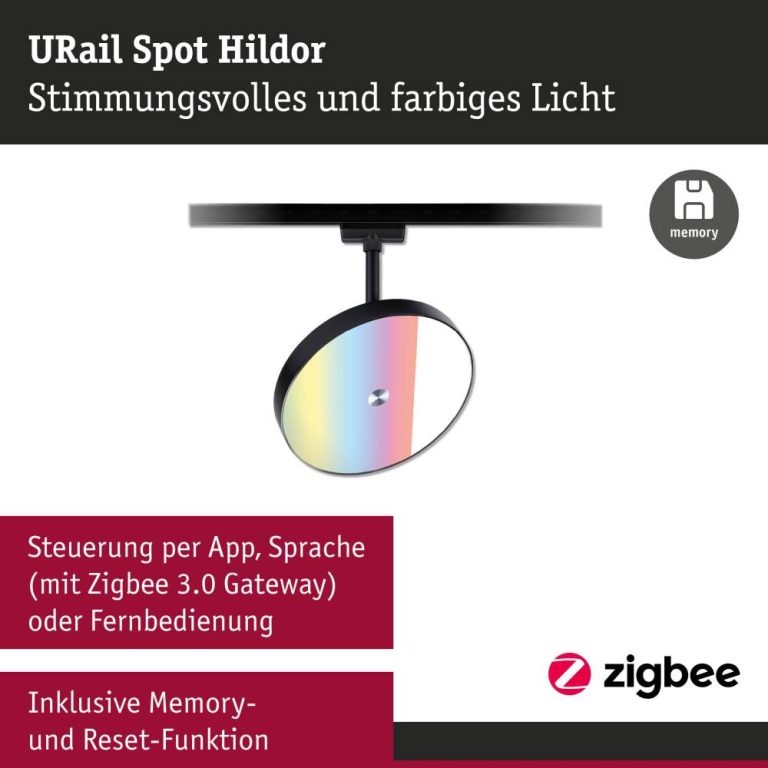 Paulmann URail Schienenspot Smart Home Zigbee 3.0 Hildor RGBW  500lm 7,5W RGBW+ dimmbar 230V Schwarz matt