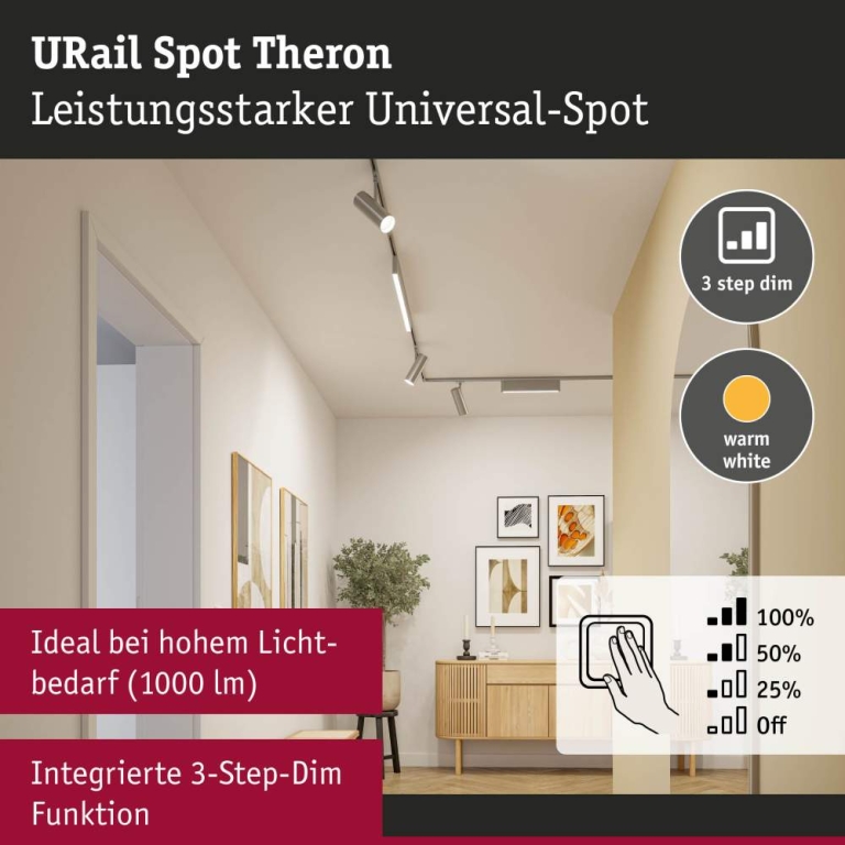 Paulmann URail Schienenspot Theron Einzelspot  1020lm 11W 3000K dimmbar 230V Chrom matt