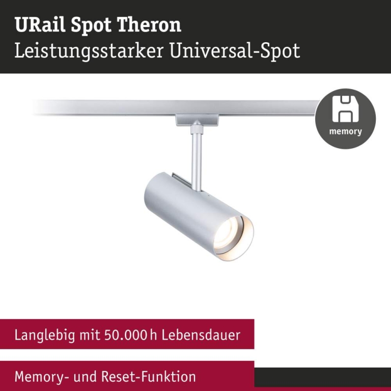 Paulmann URail Schienenspot Theron Einzelspot  1020lm 11W 3000K dimmbar 230V Chrom matt
