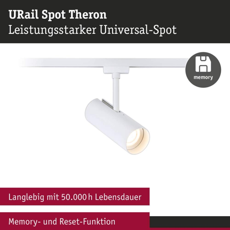 Paulmann URail Schienenspot Theron Einzelspot  1020lm 11W 3000K dimmbar 230V Signalweiß