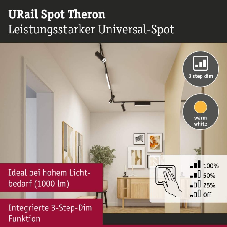 Paulmann URail Schienenspot Theron Einzelspot  1020lm 11W 3000K dimmbar 230V Schwarz matt