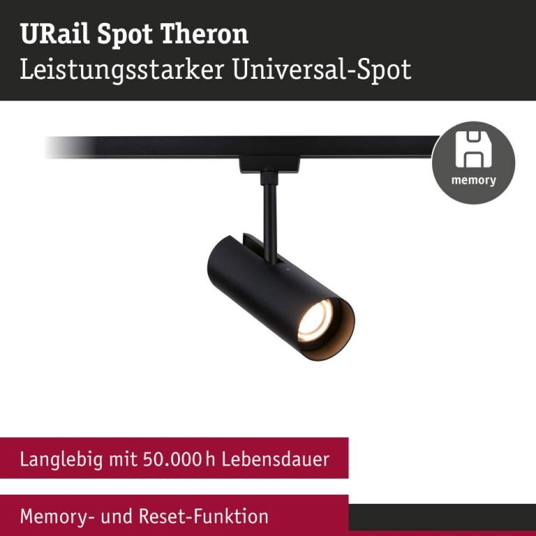 Paulmann URail Schienenspot Theron Einzelspot  1020lm 11W 3000K dimmbar 230V Schwarz matt
