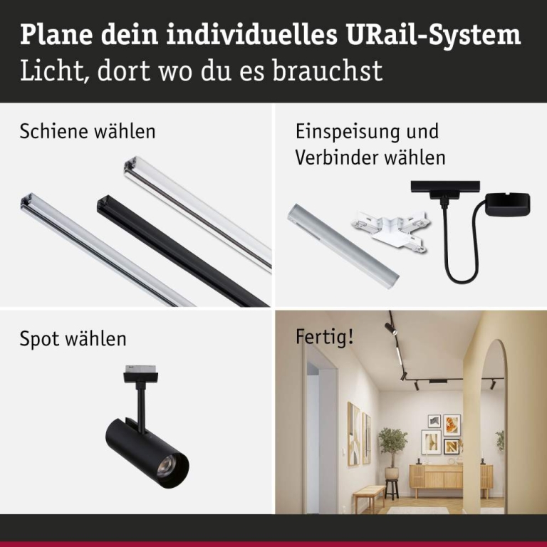 Paulmann URail Schienenspot Theron Einzelspot  1020lm 11W 3000K dimmbar 230V Schwarz matt