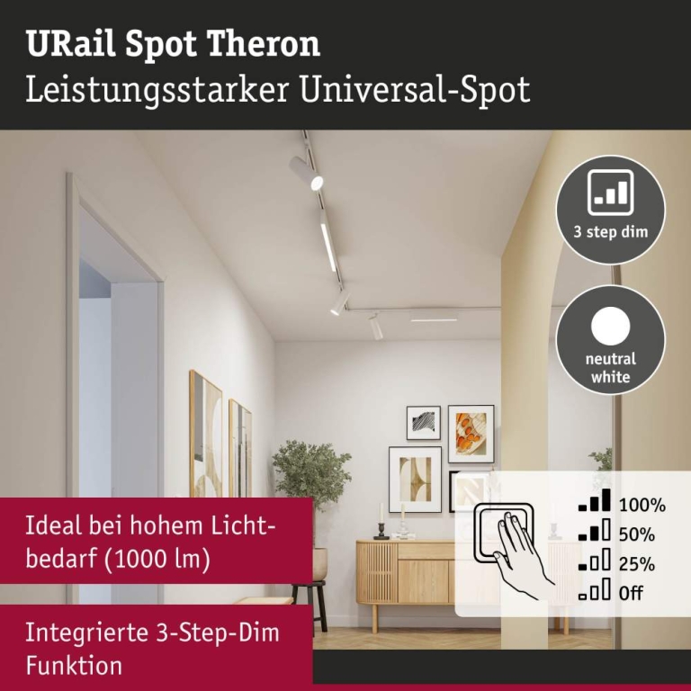 Paulmann URail Schienenspot Theron Einzelspot  1100lm 11W 4000K dimmbar 230V Signalweiß