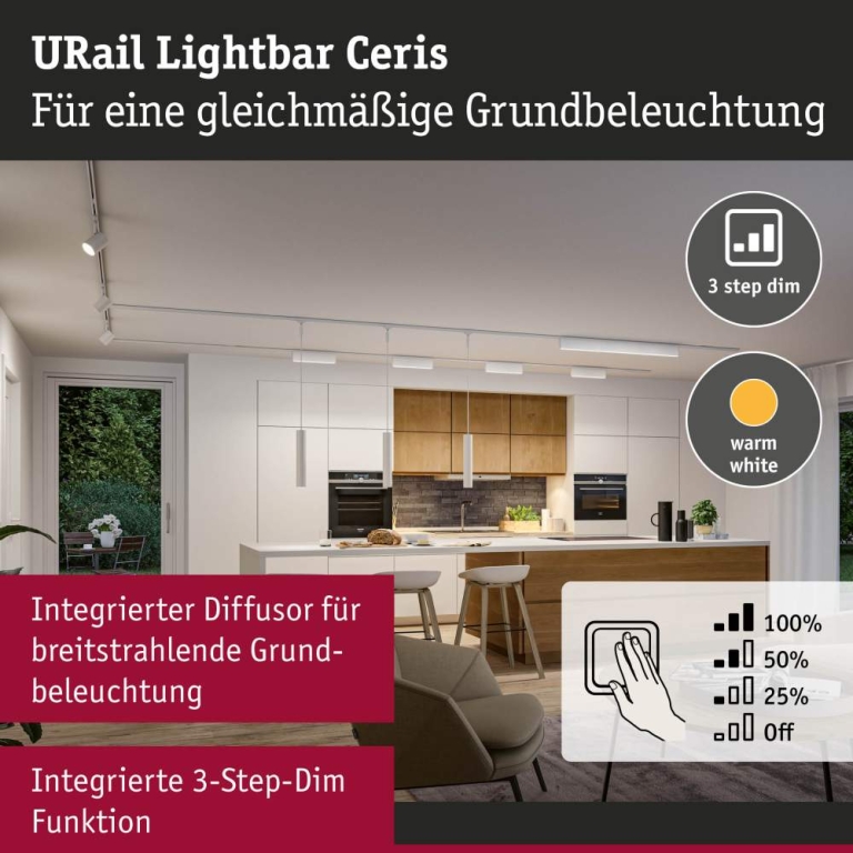 Paulmann URail Lightbar 3-Step-Dim Ceris  800lm 9,5W 3000K dimmbar 230V Signalweiß